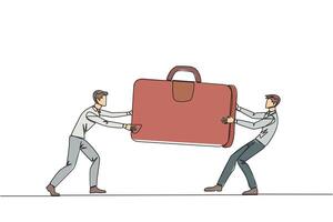 Single continuous line drawing two aggressive businessman fighting over the briefcase. Fight over the client data contained in the bag. Businessman attack. Target. One line design illustration vector