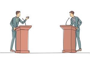 Single continuous line drawing two young businessmen arguing on the podium. Throwing opinions on the best way to deal with global warming. Open dialogue. Debating. One line design illustration vector