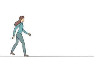 Single continuous line drawing young businesswoman walking to canteen to break and lunch. Taking time for a while to hone ideas back into brilliant ideas. Success. One line design illustration vector