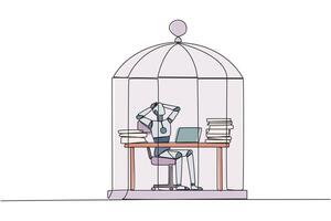 Single continuous line drawing robot trapped in cage sitting on office chair holding head. Being in routine trap. Tired and irritated with the daily grind. AI tech. One line design illustration vector