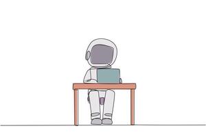 Single continuous line drawing astronaut sitting and typing on laptop computer. Prepare important data to presenting in front of spaceship's Directors. Hectic. One line design illustration vector