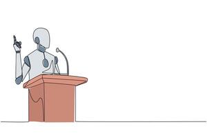 Continuous one line drawing smart robotic speaking at the podium while giving gesture of lifting one finger up. Inspirational speech. Conference stage. Single line draw design illustration vector