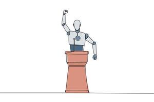 Continuous one line drawing robotic speak at the podium by clenching fists at head height. Doing oration. Leadership concept. Burning the spirit. AI tech. Single line draw design illustration vector