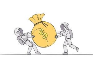 Continuous one line drawing two astronaut fighting over the big money bag. Fighting for additional capital after several shares were released to the public. Single line draw design illustration vector