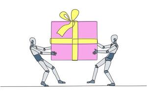 Single continuous line drawing two professional robot fighting over the big gift box. Robotics against environmental pollution fight for the main prize. AI tech. One line design illustration vector