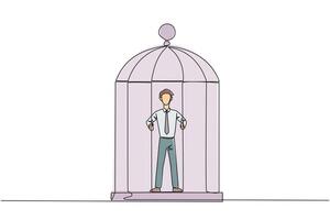 Single continuous line drawing businessman trapped in cage standing hold the iron bars. Imprisoned body and mind. Limited opportunity. Feeling exhausted. Hopeless. One line design illustration vector