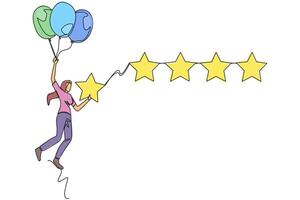 Single continuous line drawing young happy woman flying with balloon carry 1 star and wants to align it with the other 4 stars. Trying to give a perfect rating. One line design illustration vector