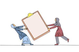 Continuous one line drawing two angry Arabian businesswoman fighting over clipboard. Useful to make it easier to check reports. Businesswoman conflict. Aggressive. Single line draw illustration vector