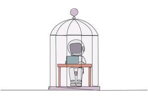 Single one line drawing astronaut trapped in the cage sitting and typing on laptop computer. Tiring routine. Unhappy astronaut with the many deadline. Continuous line design graphic illustration vector