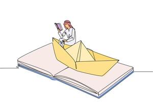 Single continuous line drawing Arab man reading a book on a paper boat. Maintain the good habits. The metaphor of reading can explore oceans. Book festival concept. One line design illustration vector