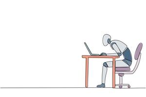 Single one line drawing robot sitting and typing on laptop computer. Work hard to achieve maximum expected results. Overtime and work smart. AI technology. Continuous line design graphic illustration vector