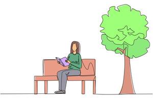 Single one line drawing woman sitting on park bench reading the book. Learn by re-reading the textbook. Read to get maximum marks. Reading increase insight. Continuous line design graphic illustration vector