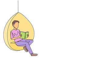 Single continuous line drawing man sitting relaxed in a hanging chair reading a book. Spending the weekend reading the favorite fiction story book. Love reading. One line design illustration vector