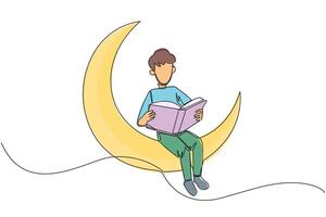 Single one line drawing man sitting on crescent moon reading a book. Metaphor of reading a fairy story before sleeping. Read until late. Love reading. Continuous line design graphic illustration vector