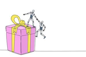 Single continuous line drawing smart robotic helps colleague climb the big gift box. Integrated teamwork to reach highest level for rewards. Helping each other. One line design illustration vector