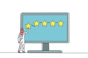 Single one line drawing Arabian man standing and trying to stick one star on the big monitor. Giving 5 star feedback. Giving stars quality result. Giving review. Continuous line graphic illustration vector