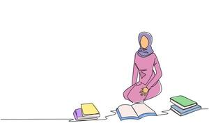 Single continuous line drawing Arabian woman reading the books happily. Good reading interest. Really enjoy reading story books. Reading everywhere. Book festival concept. One line illustration vector