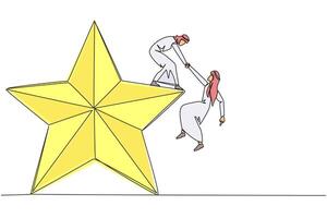 Single one line drawing Arab businessman helps colleague climb big star. Metaphor of achieving dreams of success together. Have a very good career position. Continuous line design graphic illustration vector