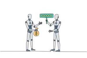 Single one line drawing two robotics standing opposite each other. The one carry money bag, the other carry rating board with 5 stars. Buy and selling reviews. AI. Continuous line graphic illustration vector