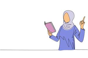 Single one line drawing Arab woman standing reading book. Gesture gets idea. Book can see from different points of view. Brilliant idea from reading book. Continuous line design graphic illustration vector