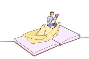 Continuous one line drawing man reading a book on a paper boat. Maintain the good habits. The metaphor of reading can explore oceans. Book festival concept. Single line draw design illustration vector