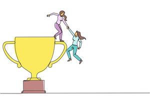 Single one line drawing businesswoman helps colleague climb the big trophy. An achievement that cannot be achieved without great teamwork. Smart teamwork. Continuous line design graphic illustration vector