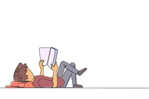 Single continuous line drawing man lying on back reading book. Reading favorite comic. Big fan of fiction books. Enjoy the storyline. Reading increases insight. One line design illustration vector