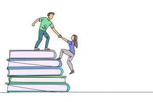 Single continuous line drawing man helps woman climb a pile of books. The concept of helping each other to succeed together. Knowledge source book. Book festival. One line design illustration vector