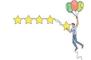 Single one line drawing young happy man flying in a balloon carries 1 star and wants to align it with the other 4 stars. Trying to give a perfect rating. Continuous line design graphic illustration vector