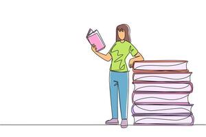 Continuous one line drawing woman standing reading a book while leaning against a pile of large books. Hobby of reading anywhere. Very happy when reading. Single line draw design illustration vector