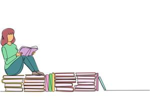 Single continuous line drawing woman sitting relaxed reading a book on pile of books. Relax while reading fiction books. Enjoy the storyline. Book festival concept. One line design illustration vector