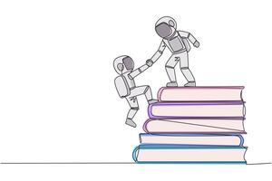 Single one line drawing astronaut help partner climb pile of books. Concept of helping each other to success together. Knowledge source book. Book festival. Continuous line design graphic illustration vector