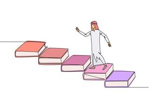 Single continuous line drawing Arab man climb stairs from books. Reading increases knowledge which can increase the dignity of a better life. Book festival concept. One line design illustration vector