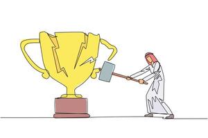 Single continuous line drawing Arabian businessman preparing to hit big trophy. Rampage. Expressing mounting anger. Smashing the trophy with a sledgehammer. Failed. One line design illustration vector