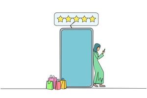 Continuous one line drawing young happy Arabian woman leaning on giant smartphone while typing on smartphone. Concept of online shop. Review five gold star. Single line draw design illustration vector