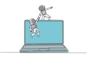 Single one line drawing young astronaut helps colleague to climb a big laptop computer. Help create applications to develop business online. Great teamwork. Continuous line design graphic illustration vector