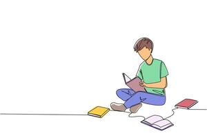 Single continuous line drawing man sitting relaxed in a library reading a lot of books. Looking for answers to assignments. Hobby reading. Book festival concept. One line design illustration vector