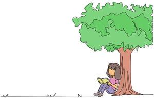 Single one line drawing girl sitting reading a book under shady tree. Continuing the second volume of the fiction story book. Enjoy reading. Book festival. Continuous line design graphic illustration vector