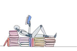 Single one line drawing robot lying down on a stack of books lined up. Relax while reading the fiction book. Enjoy the storyline. Book festival concept. Continuous line design graphic illustration vector