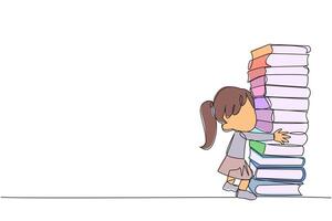 Continuous one line drawing girl hugging very high pile of books. Hobby to collecting and reading books. Filling free time with useful things. Loving read. Single line draw design illustration vector