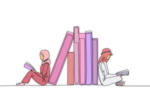 Continuous one line drawing Arab man woman reading sitting leaning against pile of books. Habit of reading book every day. Library. Book festival concept. Single line draw design illustration vector