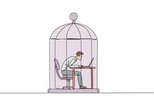 Single one line drawing businessman trapped in cage working on laptop computer. Plan to take annual leave to get away from routine. Workaholic. Overtime. Continuous line design graphic illustration vector