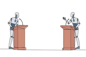 Single one line drawing two robot arguing on the podium. Throwing opinions on the best way to deal with global warming. Open dialogue. Debating. AI tech. Continuous line design graphic illustration vector