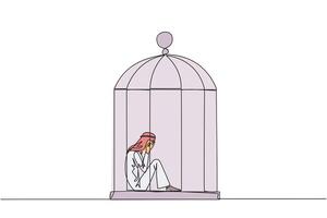 Single continuous line drawing Arab businessman trapped in the cage sitting covering face. Feel utterly defeated. Trapped in a dirty business. Mentally tired. Lost. One line design illustration vector