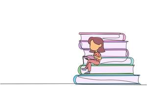 Single one line drawing happy girl sitting on a pile of books reading a book. High interest in reading. Opening horizons of thinking. Book festival concept. Continuous line design graphic illustration vector