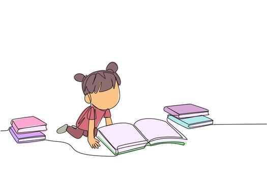 Single one line drawing girls reading books happily. Good reading interest. Really enjoy reading story books. Reading everywhere. Book festival concept. Continuous line design graphic illustration vector