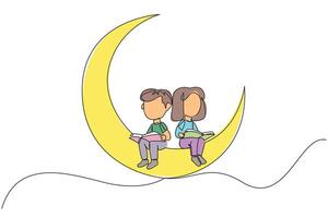 Single continuous line drawing kids sitting on crescent moon reading book. Metaphor of reading story before bed. Passionate about reading in any condition. Book festival. One line illustration vector