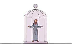 Single continuous line drawing Arab businesswoman trapped in cage standing with open arms. Surrender to situation. Forced to stay in cage. Business is not growing. One line design illustration vector