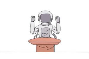 Single one line drawing young astronaut speaking at the podium while raising and clenching both hands. Styled like a politician seeking votes. Election. Continuous line design graphic illustration vector