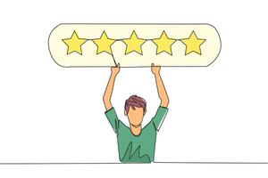 Continuous one line drawing young happy man holding rating board which contains 5 stars. Star rating. Positive review. Online shopping with give 5 rating. Single line draw design illustration vector